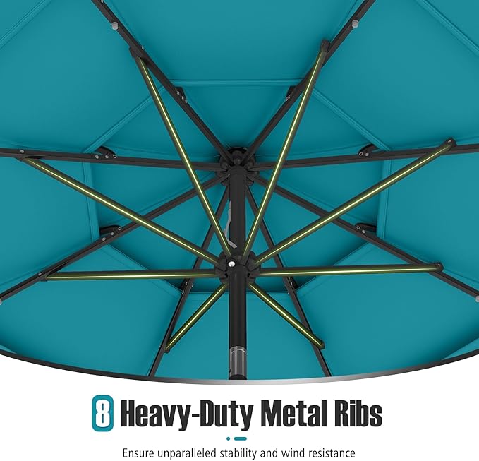 Tangkula 10 FT Solar LED Patio Umbrella, 3-Tier Vented Outdoor Market Table Umbrella with 32 LED Lights, Tilt Adjustment, Crank Handle, 8 Ribs for Backyard Pool Deck (Turquoise)