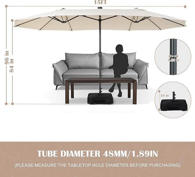 Sundale Outdoor Solar 15 ft 144 LED Olefin 5-Year-Non-Fading Patio Umbrella with Sandbag Base Included and Cover, Outdoor Double-Sided Umbrella with Lights