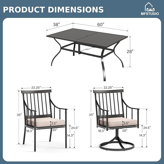 MFSTUDIO 7-Piece Patio Dining Set, Swivel Metal Chairs, Umbrella Hole | 60" Rectangular Metal Table, Removable Cushions