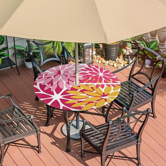 Round Tablecloth with Umbrella Hole and Zipper Elastic Fitted Table Cloth 45"-56" Oil-Proof Waterproof Patio Table Cover for Outdoor Picnic Party, Spring Summer Geometric Elegant Pink Yellow