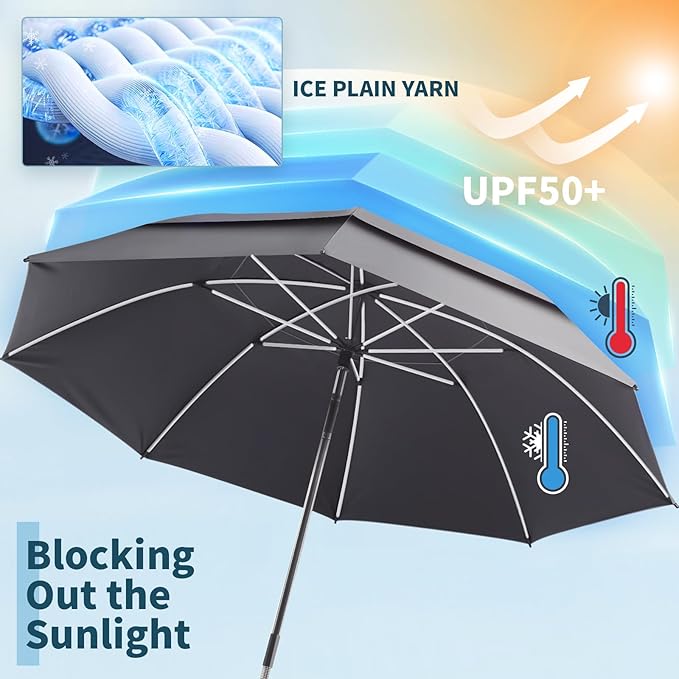 48.6" Double Canopy Beach Umbrella with Clamp, UPF50+ Beach Chair Umbrella with clip(Smoke)