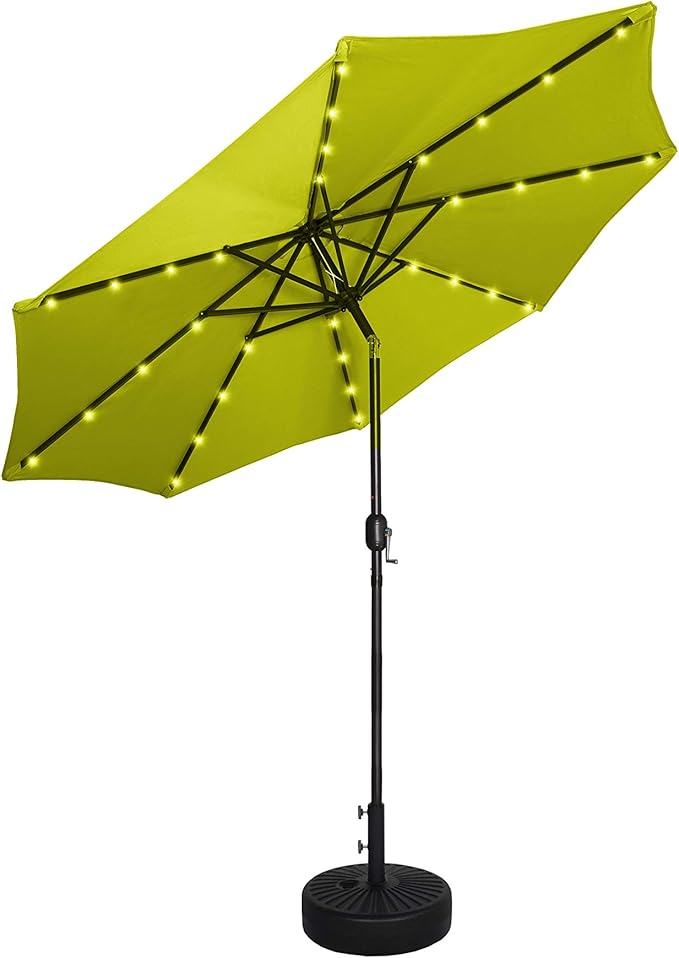 WO 9 ft. Patio Solar Power LED Lights Market Umbrella with Black Color Round Free Standing Weight Kit, Lime Green