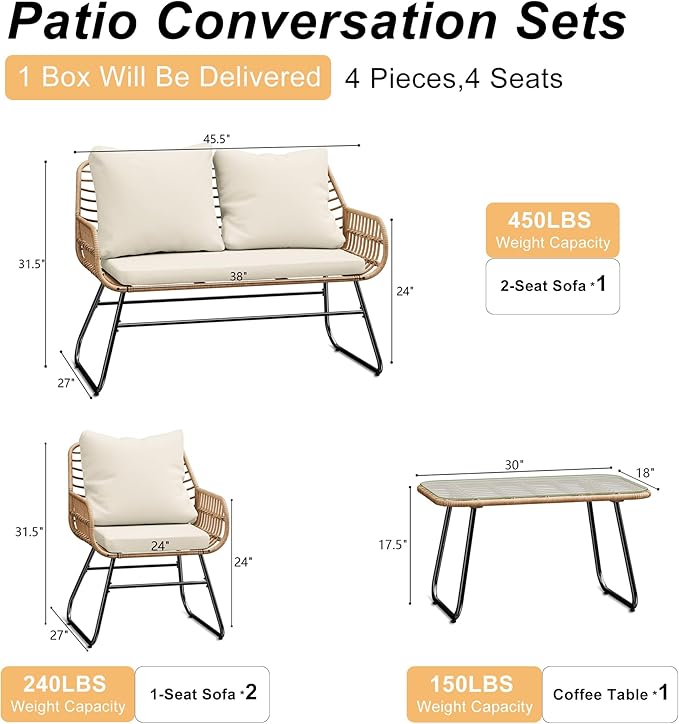 LEX CRAFT 4-Piece Outdoor Patio Furniture Set with Cushions & Tempered Glass Table, All-Weather Rattan Bistro Set with Loveseat Chairs Table Soft Cushions for Garden, Porch, Backyard (Yellow)