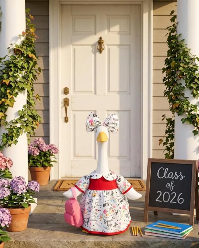 Back to School Porch Goose Outfit with Tote Bag & Bow, 23" Lawn Cement Goose Clothes for School Classroom, Patio Yard Garden Geese Decoration Gift for Mom Grandma