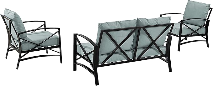 Crosley Furniture Kaplan 3-Piece Outdoor Loveseat Patio Furniture Set, Conversation Sets for Porch, Deck, Oiled Bronze with Mist Cushions