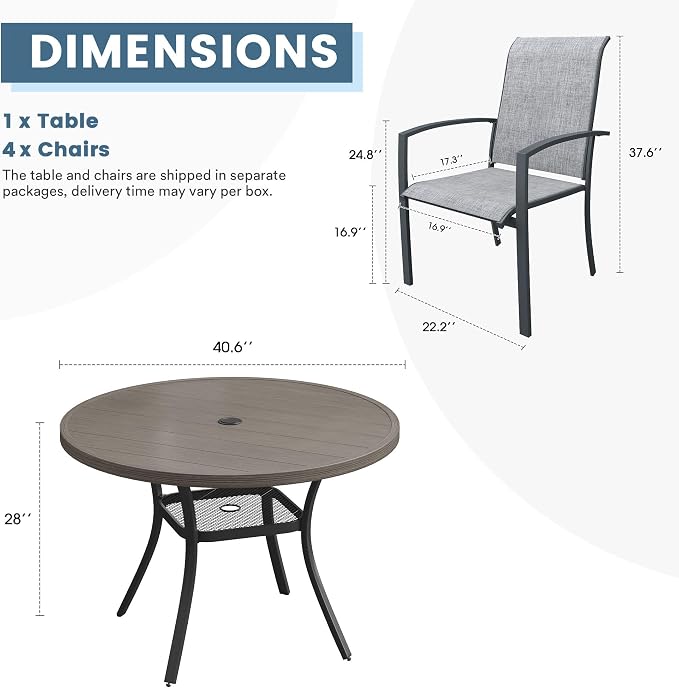 DIFY 5 Pieces Outdoor Dining Set for 4, 40.6" Round Dining Table with Umbrella Hole and Textilene Stackable Patio Chairs, Metal Patio Table and Chairs Set for Garden Backyard Poolside, Grey Wood-Like