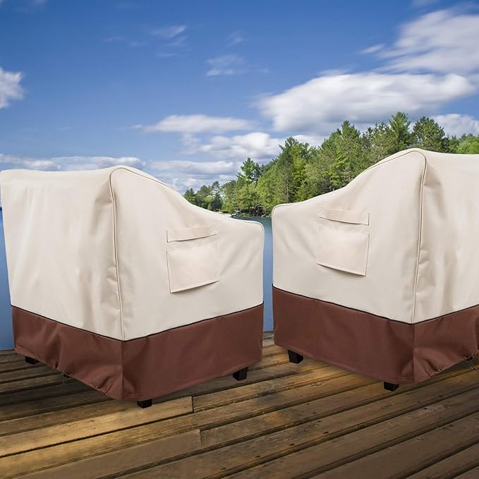 2Pack Waterproof Patio Chair Covers-600D Oxford Heavy Duty Outdoor Furniture Cover, UV & Wind Resistant Deep Seat Chair Protector for All Seasons (Beige/Brown, 33" W x 34" D x 31" H)