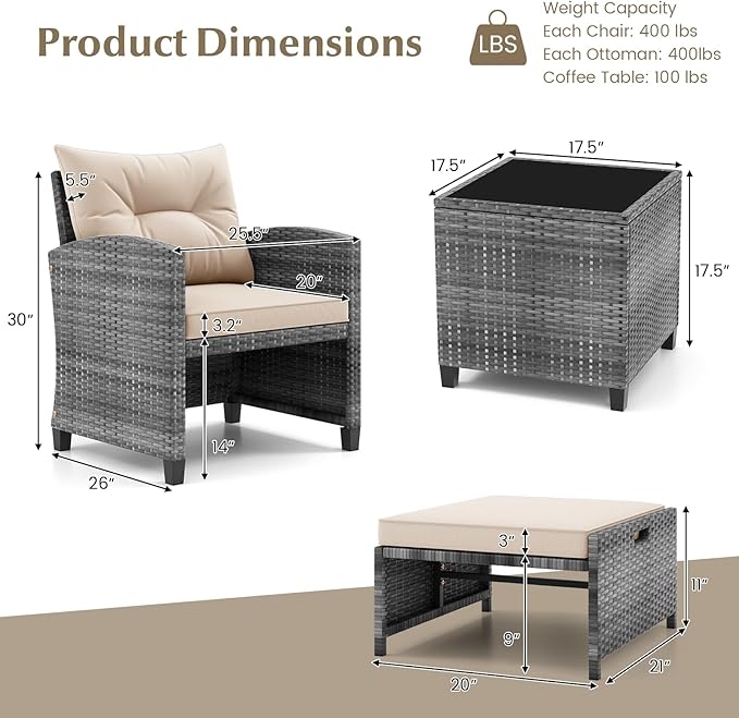 Tangkula 5 Pieces Patio Conversation Set, PE Wicker Rattan Outdoor Furniture Set with 2 Chairs, 2 Ottomans & Tempered Glass Coffee Table, Ideal for Poolside, Backyard, Lawn, Deck, Mix Grey & Beige
