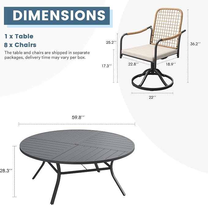 DIFY 9 Pieces Outdoor Dining Set, Metal Patio Table and Chairs Set for 8, 59.8" Round Dining Table with Umbrella Hole & Wicker Swivel Patio Chairs with Cushions, Grey Tabletop