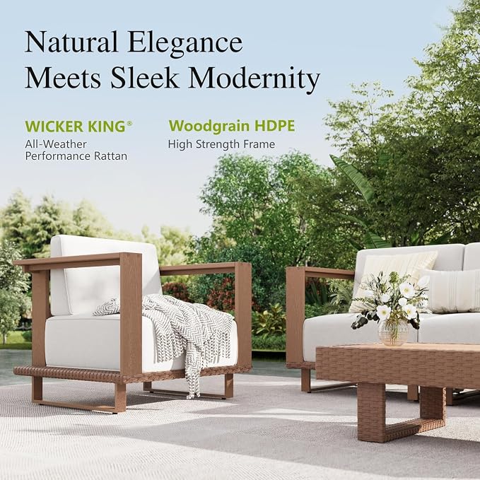 Sophia & William HDPE Patio Furniture Set,Modern Outdoor Sectional Sofa Set with 9.8" Cushions and 43.5" Wood Grain Coffee Table, Deep Seating Outdoor Conversation Set for Backyard(Beige, 5 Pieces)
