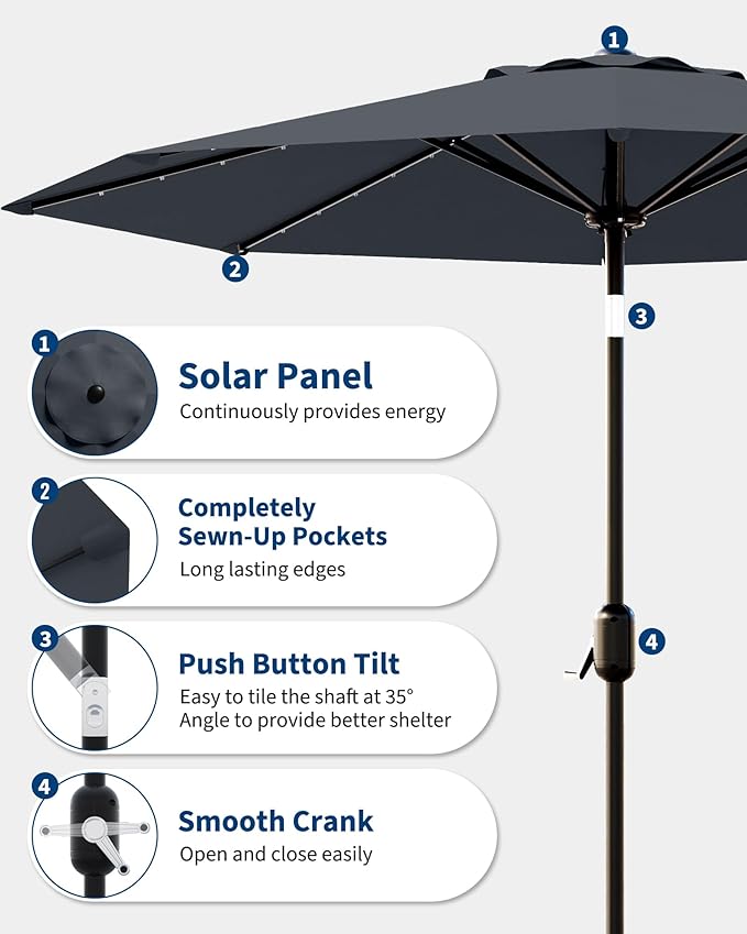 GarveeLife 10 ft Patio Umbrella with Solar Lights, 8 Ribs Outdoor Market Table Umbrella with 40 LED Lights & Tilt Crank for Pool, Deck, Backyard (Grey)