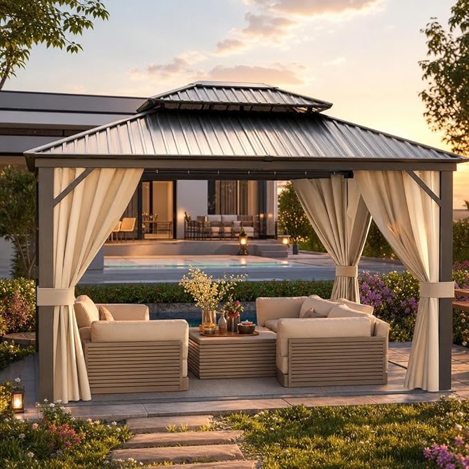 12'X14' Hardtop Gazebo, Metal Double Roof Aluminum Gazebos with Curtain and Netting, Permanent Galvanized Steel Pavilion, Heavy Duty Poles for Patio, Deck, Backyard, Lawn, Garden, Brown