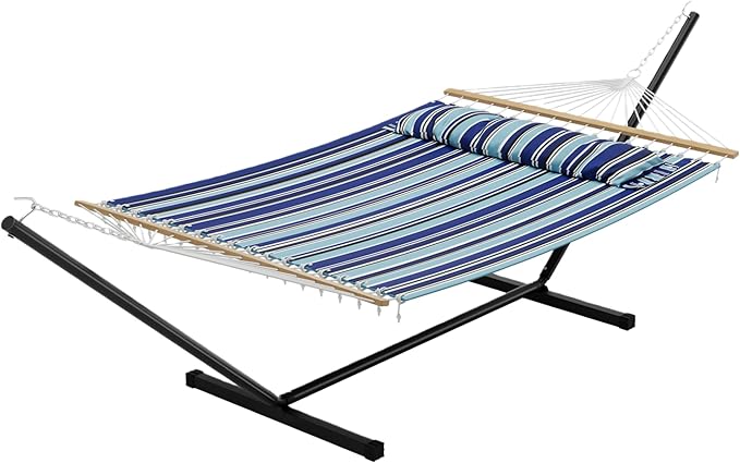2 Person Hammock with Stand, Heavy Duty Hammock with Carrying Bag, Soft Pillow, 475 lbs Capacity, Freestanding & Portable for Patio, Garden, Camping, Blue