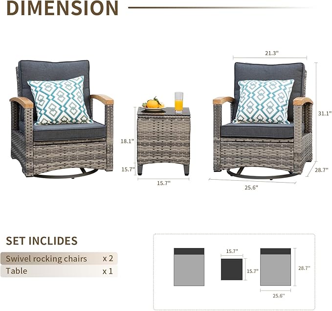 MEISSALIVVE 3 Piece Outdoor Swivel Rocker, Patio Furniture Bistro Set with 360° Wood Armrests Swivel Rocking Chairs and Side Table for Porch,Deck,Balcony(Grey)