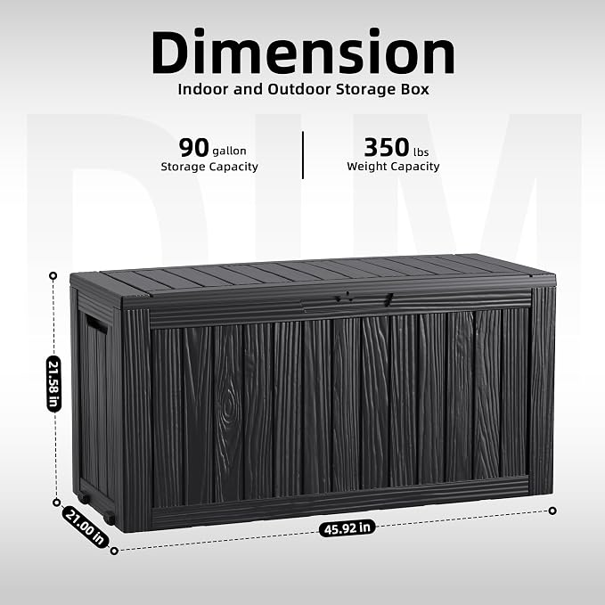 ROJIK 90 Gallon Deck Box Outdoor, Waterproof Outdoor Storage Boxes with Lids, Outside Resin Lockable Storage Box for Patio Cushions, Garden Tools(Black)