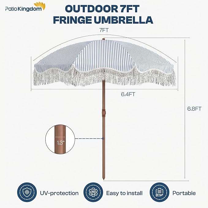 7ft Patio Umbrella with Fringe, Boho Beach Umbrellas, Outdoor Tassels Umbrellas with Push Button Tilt & Carrying Bag, 8 Windproof Fiberglass Ribs, UPF50+