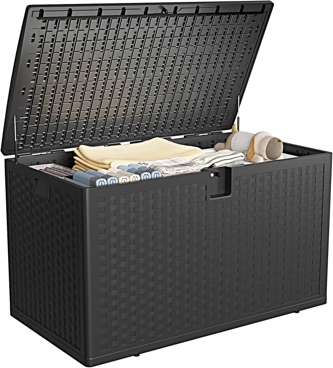 Takywep Small Deck Box 28 gal, Weather Resistant & Waterproof Resin Outdoor Storage Box with Lockable Lid & Handles, Outside Storage Bin for Cushions Garden Tools, Black
