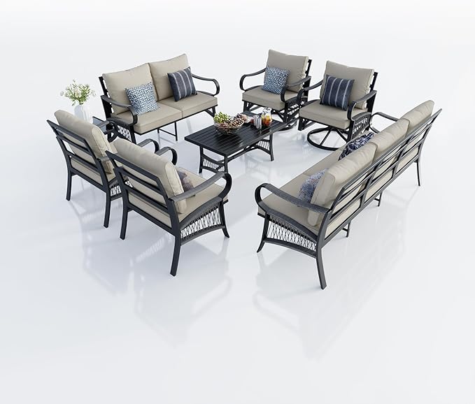 8 Pieces Patio Conversation Sets, All Weather Metal Outdoor Furniture Set with Swivel Rocking Chairs Set, Outdoor Furniture Set with Sectional Sofa Couch Loveseat (Beige Cushions)