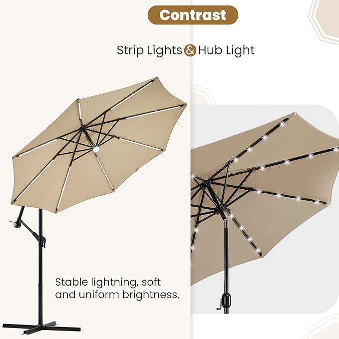 Yaheetech 10 FT Solar Powered LED Patio Umbrella Outdoor Cantilever Umbrella, UV Protection & Windproof, Offset Hanging Sunshade w/Strip Lights & Hub Light for Backyard Garden Pool