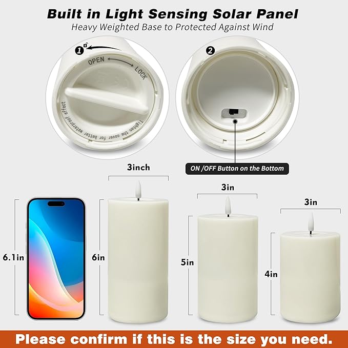 VIODAIM Solar Candles Outdoor Waterproof: Flameless Flickering Pillar LED Candles Set of 3 Dusk to Dawn Rechargeable Sensor Lights 3x4/5/6 Inch White