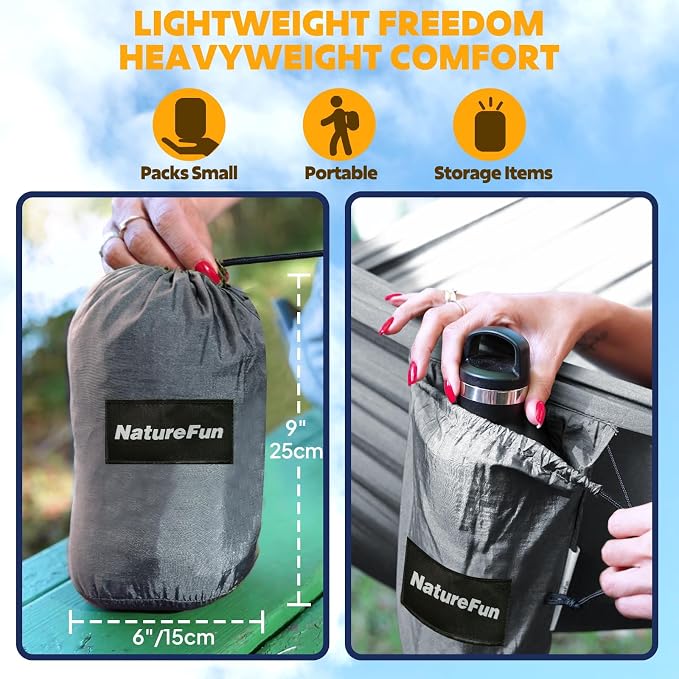 NATUREFUN Ultra-Light Travel Camping Hammock | 300kg Load Capacity,Breathable,Quick-Drying | 2 x Premium Carabiners,2 x Nylon Slings Included | Outdoor Indoor Garden