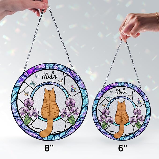 Personalized Cat Stained Glass Suncatcher, Custom Name Pet Photo Memorial Ornament, Window Hanging Sympathy Gift for Loss of Pet, Cat Bereavement Keepsake, Remembrance Gift for Pet Lovers