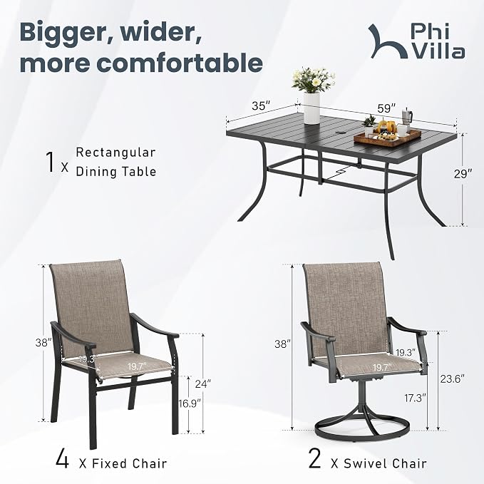 PHI VILLA 7 PCS Patio Dining Set,2 Swivel & 4 Stable Outdoor Dining Chairs, Metal Dining Table,Quick-Dry Textilene Fabric and Sturdy Metal Frame,Outdoor Table and Chairs for Yard