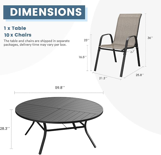 DIFY 11 Piece Outdoor Dining Set, 60" Black Round Metal Dining Table and Brown Textilene Stackable Patio Chairs, Patio Table and Chairs Set for 10 with Umbrella Hole for Backyard Garden Deck