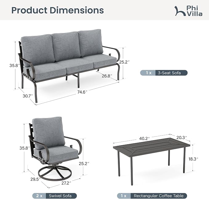 PHI VILLA Patio Furniture Set, 3-Seater Sofa, 2 Swivel Chairs and a Coffee Table, Outdoor Metal Conversation Set with 5.75" Extra Thick Cushion for Garden Backyard Deck, Grey