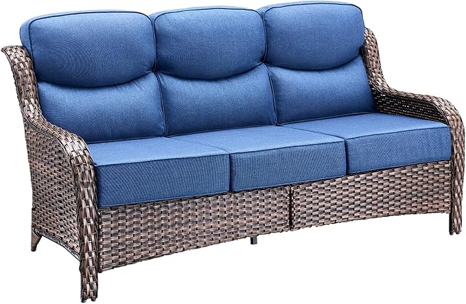 71'' Patio Couch Outdoor Wicker Sofa, Heavy Duty All-Weather Rattan 3-Seater Sofa with Deep Seating and Removable Cover, Outdoor Patio Furniture for Deck Porch Sunroom Backyard Brown/Blue