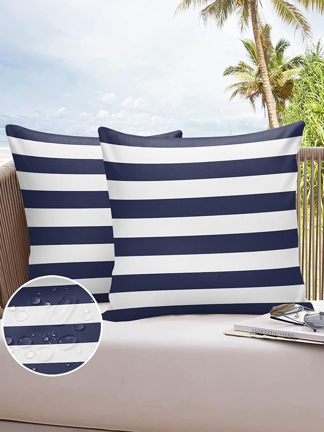Outdoor Waterproof Pillow Covers for Patio Furniture Solid Nautical Striped Decorative Throw Pillow Cover Navy Blue Pillowcases Set of 2 Cushion Case for Sofa Couch Chair Home Decor 24 x 24 Inches