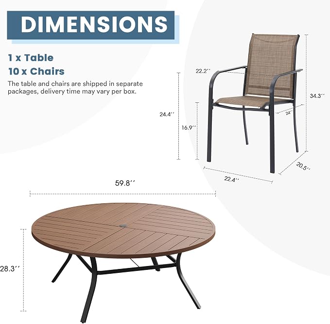 DIFY 11 Pieces Outdoor Patio Dining Set for 10, 59.8" Walnut Round Metal Dining Table and 10 Brown Stackable Sling Dining Chairs, Outdoor Table and Chairs for Lawn Garden Backyard Deck