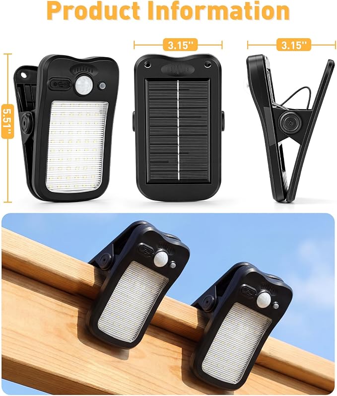 2 Pack Clip On Solar Lights Outdoor, 60 LED 500LM Motion Sensor Clamp Light, USB & Solar Powered Waterproof Security Lights for Fence Gutter Deck Camping, 1-Second Fast Install