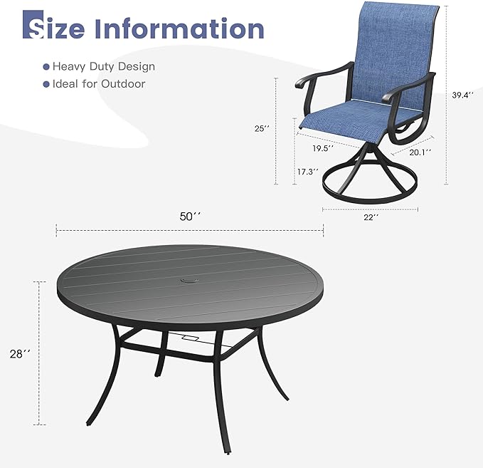 VICLLAX 7 Pieces Outdoor Dining Set, Patio Furniture Set of 6 Patio Swivel Dining Chairs and 50" Patio Round Table, Navy Blue Chairs & Black Tabletop