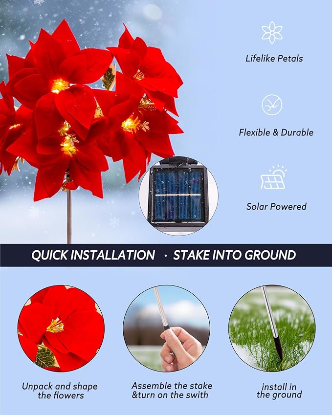 Solar Christmas Flower Lights-IP65 Waterproof XS Pathway Lights,Outdoor Christmas Decorations with 7 Bouquets/1 Stake,Unique Flower Design Complement The Christmas Trees for Garden/Yard/Patio,2 Packs