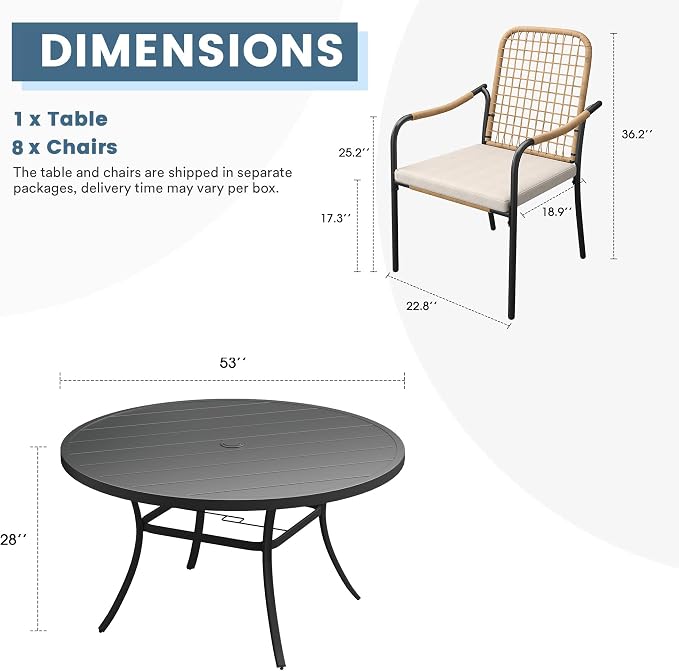 DIFY 9 Pieces Outdoor Dining Set for 8, 53" Round Dining Table with Umbrella Hole & Wicker Stackable Patio Chairs with Cushions, Metal Patio Table and Chairs Set for Backyard Porch Garden, Black