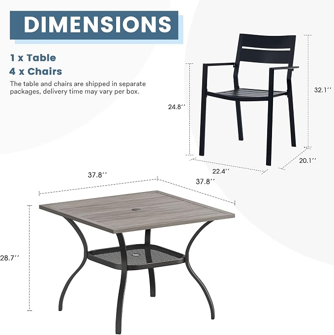 DIFY 5 Piece Outdoor Patio Dining Set for 4, Patio Table and Chairs Set with Umbrella Hole, 37.8" Square Dining Table and Stackable Metal Chairs for Backyard Garden Poolside, Grey Wood-Like & Grey