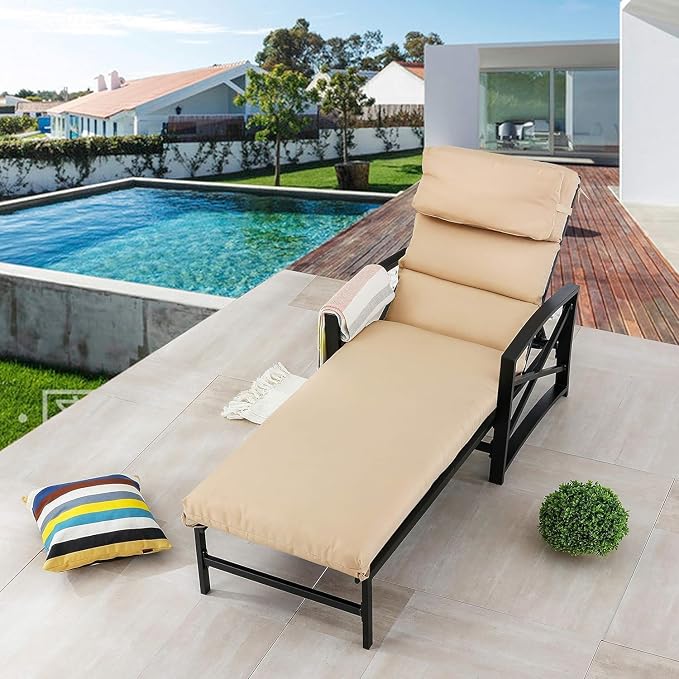LOKATSE Home Outdoor Adjustable Chaise Patio Steel Furniture Metal Lounge Chair with Cushion