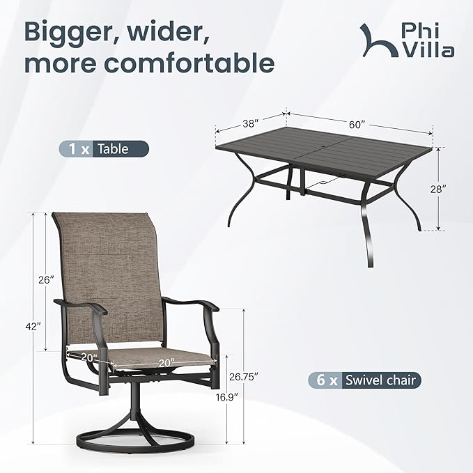PHI VILLA 7 PCS Patio Dining Set, Outdoor Table & Chairs Set with Large Metal Table & 6 High Back Padded Outdoor Swivel Armerest Chairs, Patio Dining Furniture Set for Patio, Lawn, Garden, Porch