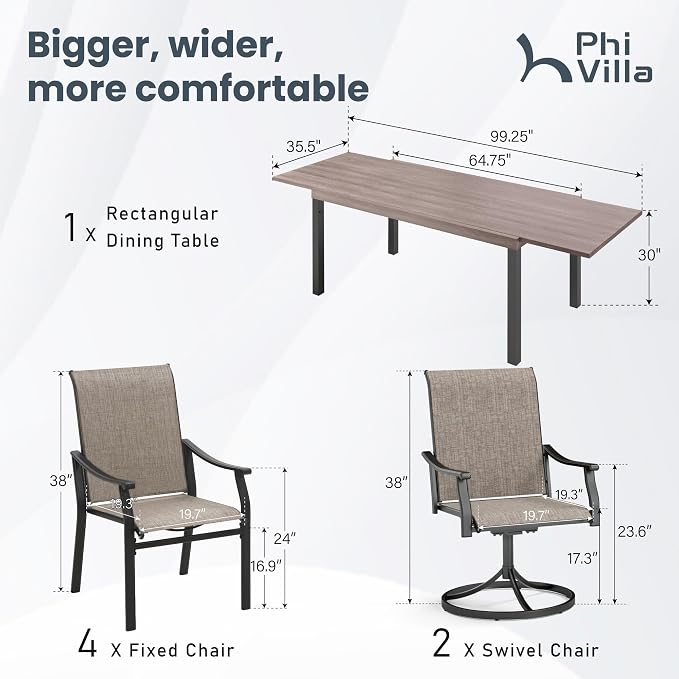 PHI VILLA Patio Dining Table and Chairs, 2 Swivel & 4 Stable Patio Dining Chairs, Exdentable Dining Table with Wooden Like Table Top,Sturdy Metal Frame and Textilene Quick-Dry Fabric