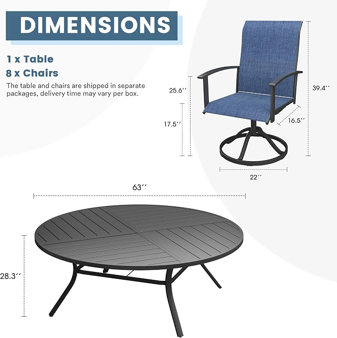 DIFY 9 Pieces Outdoor Dining Set, Metal Patio Table and Chairs Set for 8 with Umbrella Hole, 63" Black Round Table and Blue Textilene Swivel Patio Chairs for Garden, Backyard, Poolside