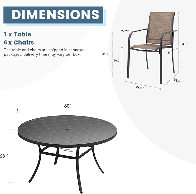 DIFY Patio Dining Set for 6, 7 Piece Outdoor Table and Chairs Set, 50" Black Round Metal Patio Dining Table and 6 Brown Textilene Stackable Patio Chairs, for Backyard Garden Poolside