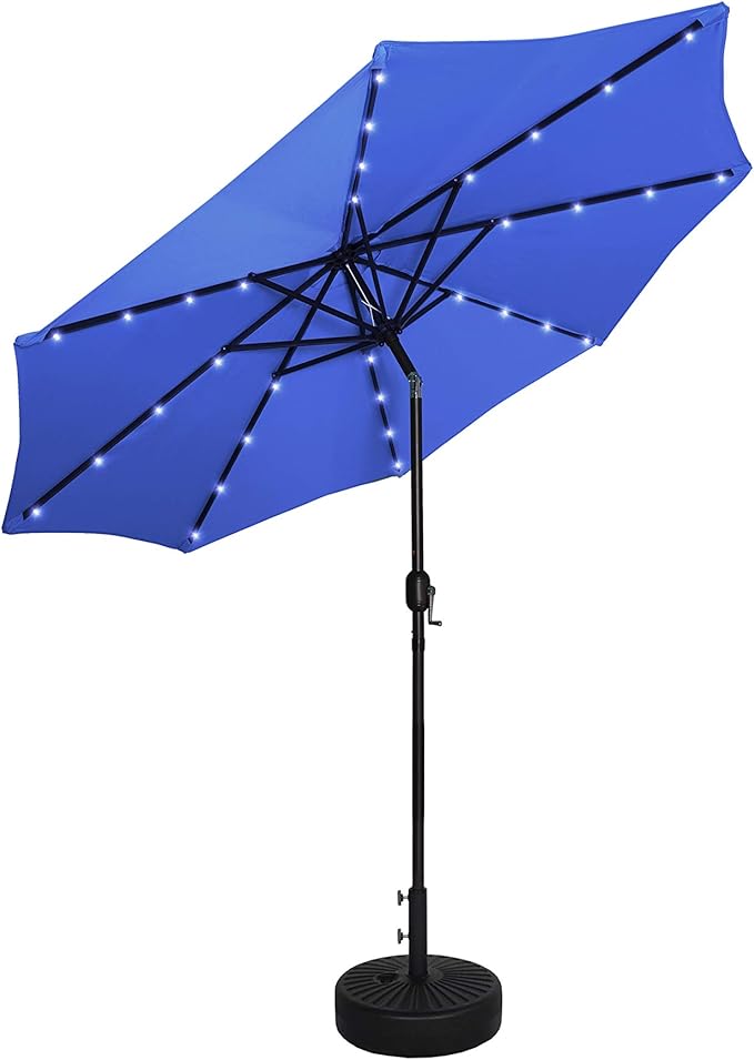 WO 9 ft. Patio Solar Power LED Lights Market Umbrella with Black Color Round Free Standing Weight Kit, Royal Blue