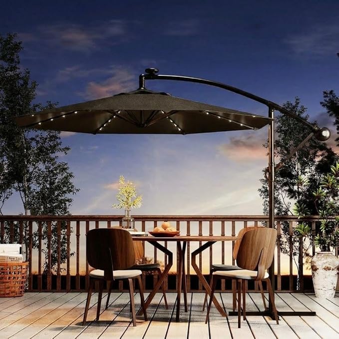 Garvee 10FT Solar Lights Offset Patio Umbrella with Cross Base, Cantilever Umbrella with Easy Lift & Tilt Adjustment, 8 Ribs Sun umbrella UV Protection for Backyard, Pool, Garden, Gray