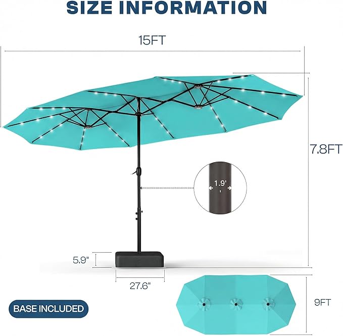15FT Large Outdoor Patio Umbrella with Solar Lights and Base, Double-Sided Table Umbrellas with 48 LED Lights, Rectangle Market Umbrella for Pool, Deck, Backyard