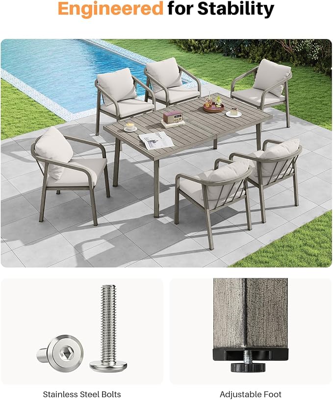 Never-Rust Aluminum Patio Dining Table, 63" x 35" Rectangular Outdoor Dining Table for 6, Outdoor Patio Table with Umbrella Hole for Courtyard, Garden, Veranda, Deck, Gray Oak