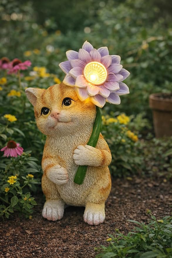 GoGnome Solar Cat Garden Statue with LED Flower for Mom Woman โ 6.5โโ Hand-Painted Resin Outdoor Kitten Figurine, Automatic Night Light, Yard Patio Lawn Decor (Kitten)