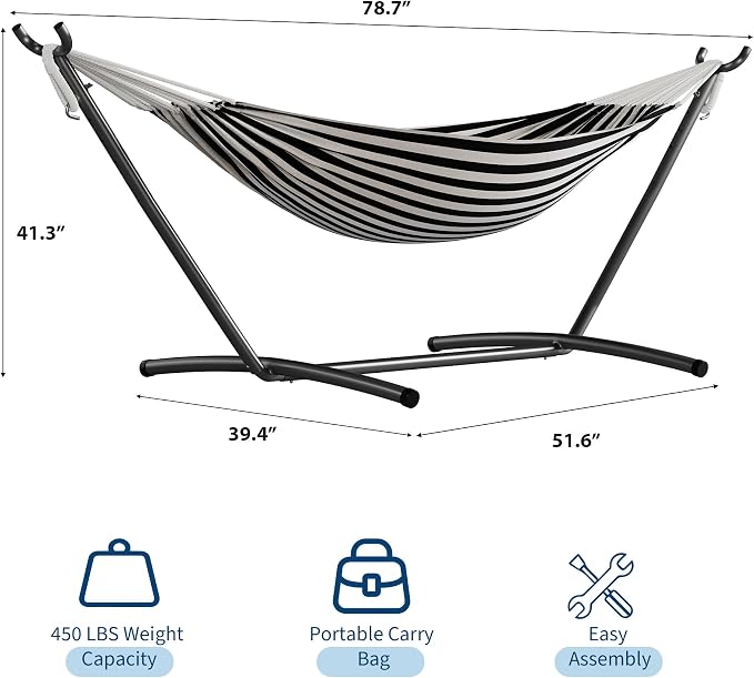 GarveeLife Double 2 Person Hammock, Indoor Outdoor Standing Hammock with Space Saving Steel Stand, Carry Bag, 450 LBS Weight Capacity, Suitable for Garden Camping Beach, Black
