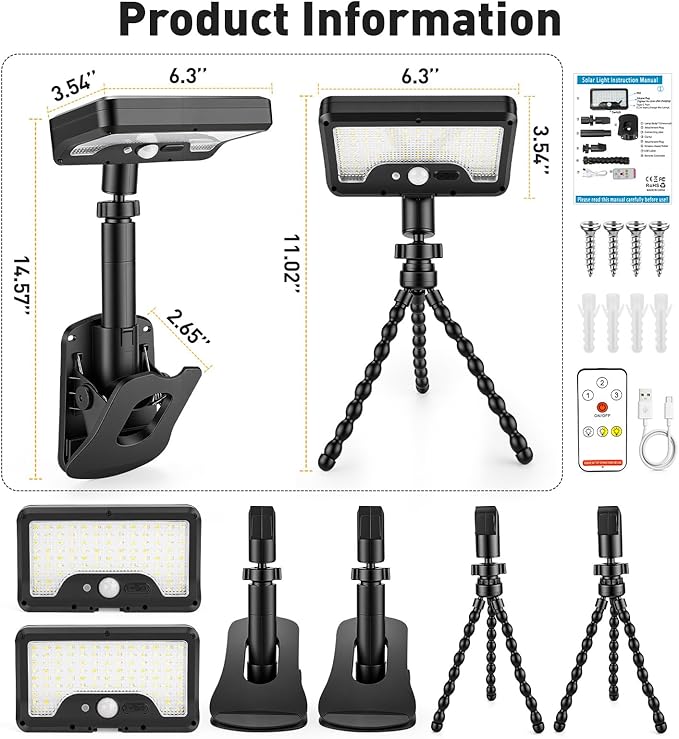 2 Pack Clip On Solar Lights Outdoor with Octopus Tripod, 3 Color Temps & Remote Control, Motion Sensor Fence Lights Solar Powered, IP65 Waterproof Security Light for Outside, Deck, Gutter, Camping