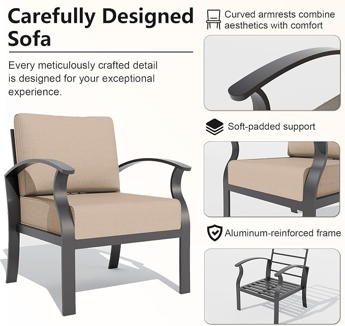 Gotland Aluminum Patio Furniture Set with Rectangular Coffee Table, Metal Patio Furniture with 5 Seats Waterproof 5.1'' Seat Cushions, Outdoor Sectional Patio Conversation Sets for Balcony Khaki